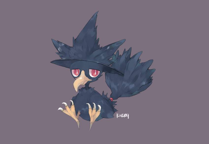animal_focus artist_name bird bright_pupils claws closed_mouth commentary_request full_body highres looking_at_viewer murkrow no_humans ntmkn partial_commentary pokemon pokemon_(creature) purple_background red_eyes signature simple_background sitting solo white_pupils