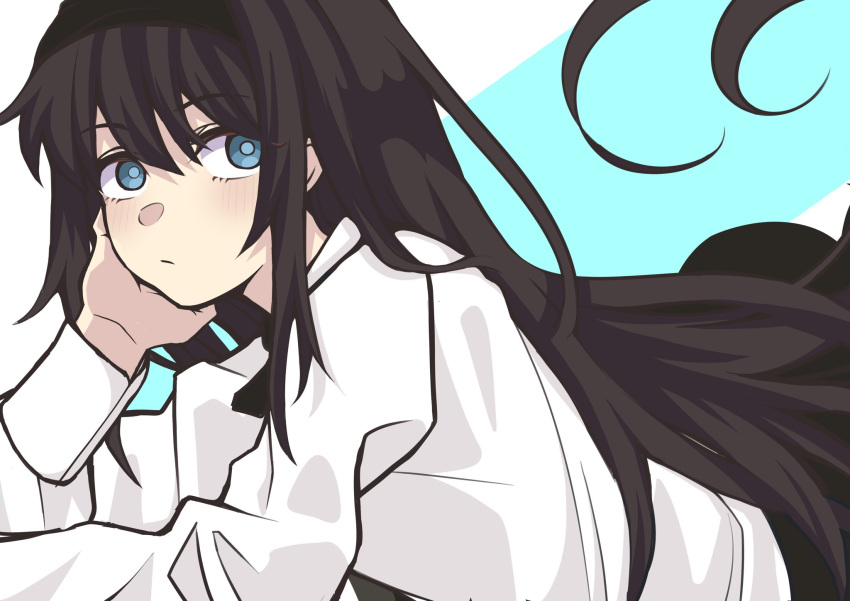 black_hair black_headband blue_eyes commentary_request hand_on_own_cheek hand_on_own_face headband highres long_hair long_sleeves looking_at_viewer shirt simple_background tohno_akiha tsukihime tsukihime_(remake) ttumupen white_shirt