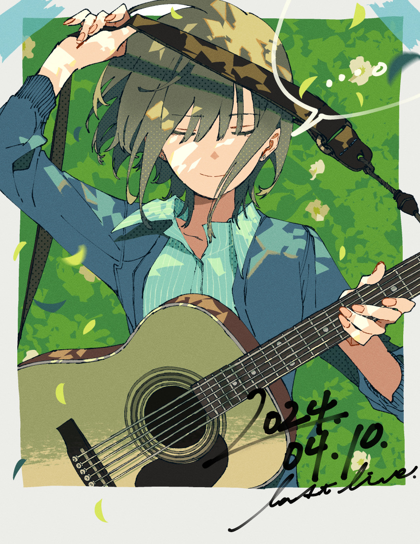 1other absurdres androgynous aqua_shirt arm_up blue_jacket border closed_eyes closed_mouth collared_shirt cropped_torso dark_green_hair dated facing_viewer falling_petals floating_hair green_background grey_border guitar halftone halftone_texture highres holding holding_instrument instrument jacket magotsuki_(hurray) open_clothes open_jacket original petals shirt short_hair upper_body