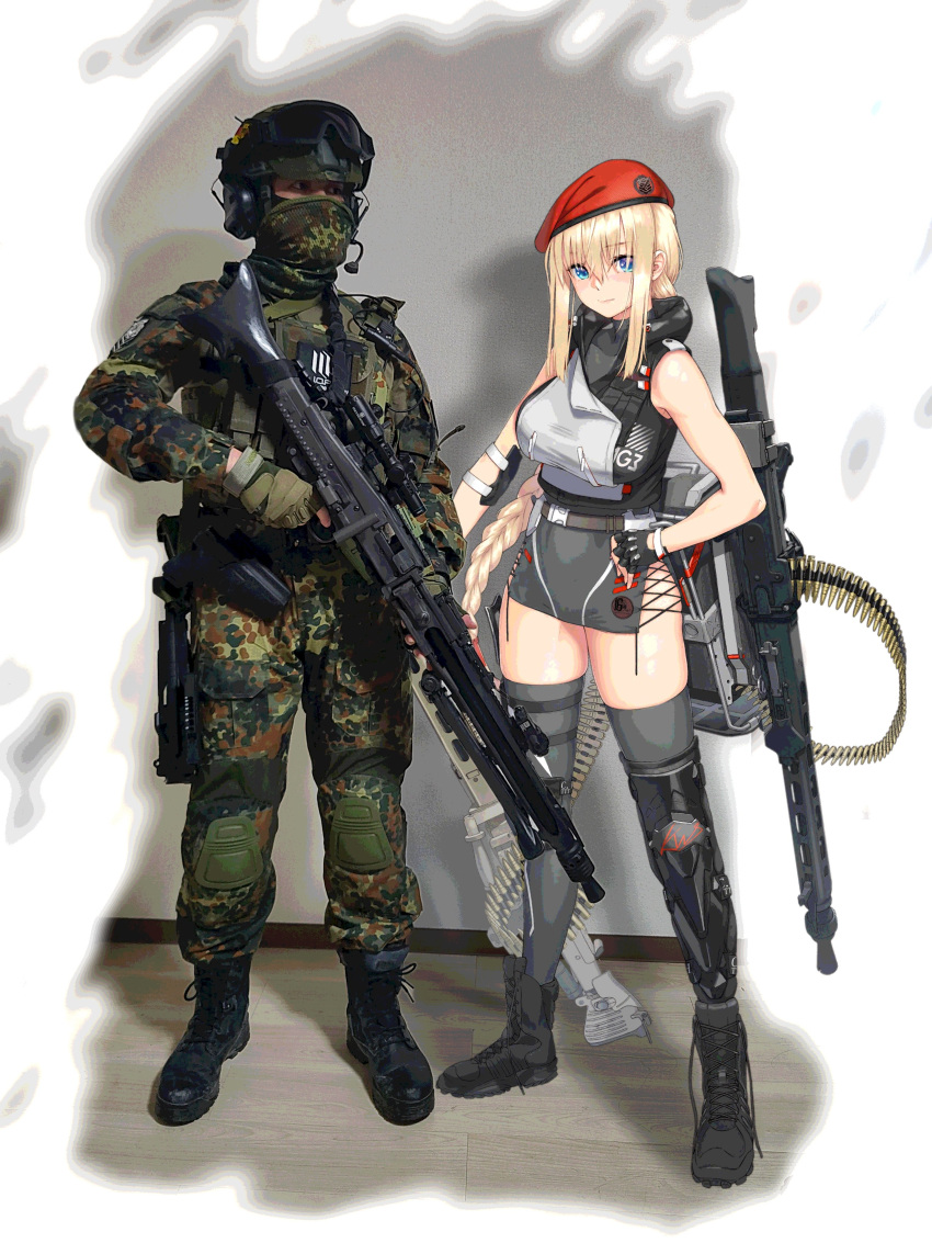 1boy 1girl absurdres belt beret black_footwear black_gloves blonde_hair blue_eyes boots braid breasts brown_gloves camouflage character_name closed_mouth english_commentary fingerless_gloves full_body girls_frontline gloves goggles goggles_on_headwear grey_thighhighs gun hat helmet highres holding holding_gun holding_weapon large_breasts long_hair long_sleeves looking_at_viewer machine_gun mg3 mg3_(girls'_frontline) microphone military military_uniform mod3_(girls'_frontline) red_headwear single_braid skirt sleeveless standing thigh-highs uniform very_long_hair weapon yoshicurtis