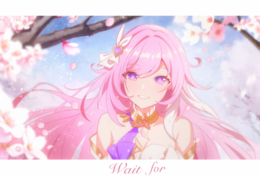 1girl :d absurdres bare_shoulders blue_sky blurry blurry_foreground cherry_blossoms dress elf elysia_(herrscher_of_human:ego)_(honkai_impact) elysia_(honkai_impact) euzh266 grin hair_ornament highres honkai_(series) honkai_impact_3rd long_hair looking_at_viewer outdoors petals pink_eyes pink_hair pointy_ears sky smile solo teeth very_long_hair white_dress