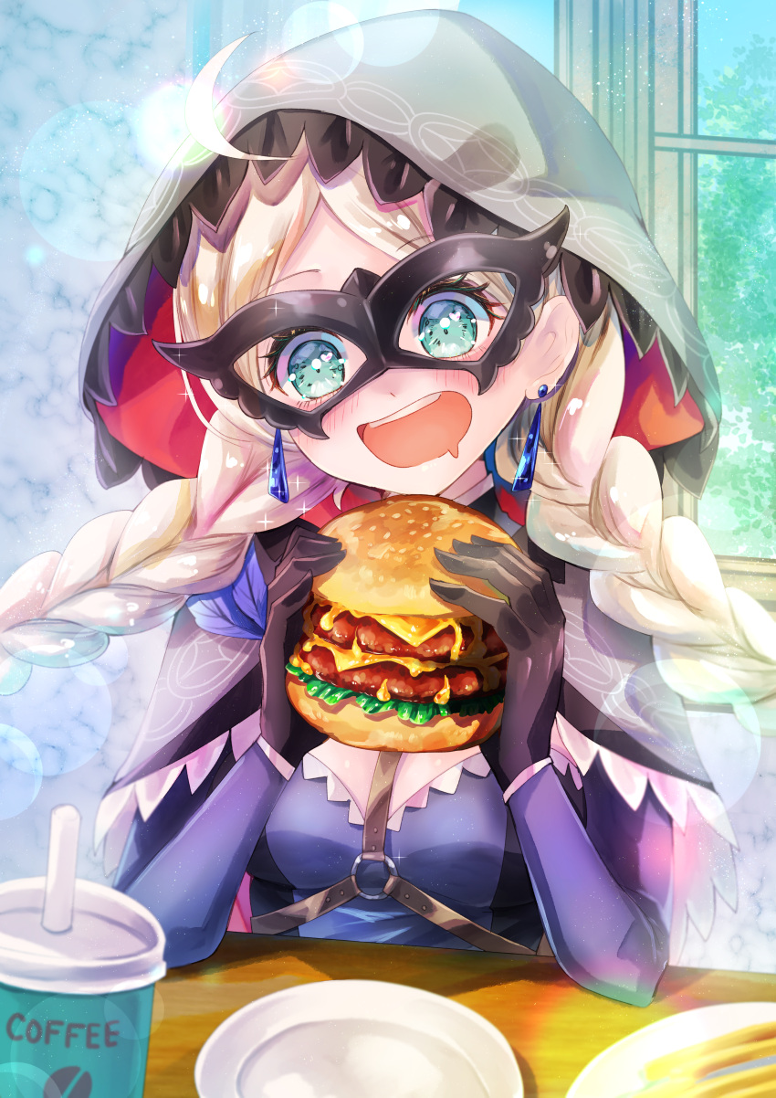 1girl absurdres ahoge alternate_costume black_gloves blue_eyes braid breasts burger cape commission commissioner_upload crystal_earrings earrings eating eye_mask fire_emblem fire_emblem_fates fire_emblem_heroes food french_fries gloves harness heart highres holding holding_food hood hood_up hooded_cape iced_coffee indoors jewelry low_twin_braids medium_breasts mihayuuno nina_(fire_emblem) nina_(thief)_(fire_emblem) non-web_source o-ring official_alternate_costume open_mouth parted_bangs plate saliva skeb_commission solo twin_braids