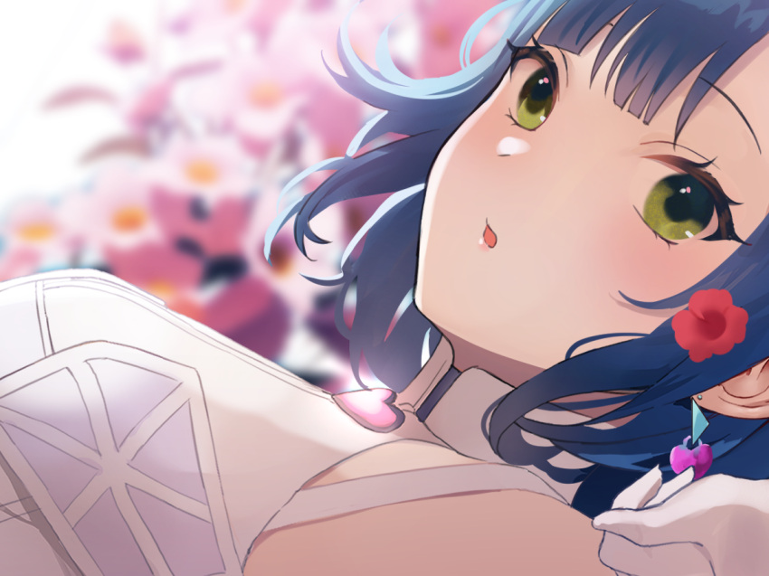 1girl bare_shoulders blue_hair blurry blurry_background blush breasts close-up dress earrings floral_background flower hair_flower hair_ornament heart heart_earrings idolmaster idolmaster_million_live! idolmaster_million_live!_theater_days jewelry looking_at_viewer medium_breasts nanao_yuriko open_mouth short_hair solo white_dress yellow_eyes yurancoco