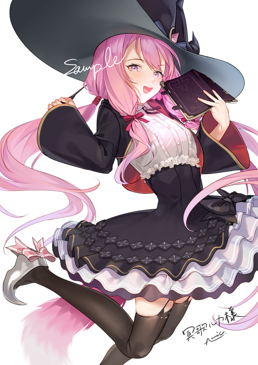 1girl absurdres almic animal_ear_fluff animal_ears black_dress black_headwear black_thighhighs book cat_ears dress ears_through_headwear hair_ribbon hat highres holding holding_wand indie_virtual_youtuber key long_hair long_sleeves looking_at_viewer meika_ruka open_book open_mouth pink_hair ribbon smile thigh-highs twintails very_long_hair violet_eyes virtual_youtuber wand wide_sleeves witch_hat