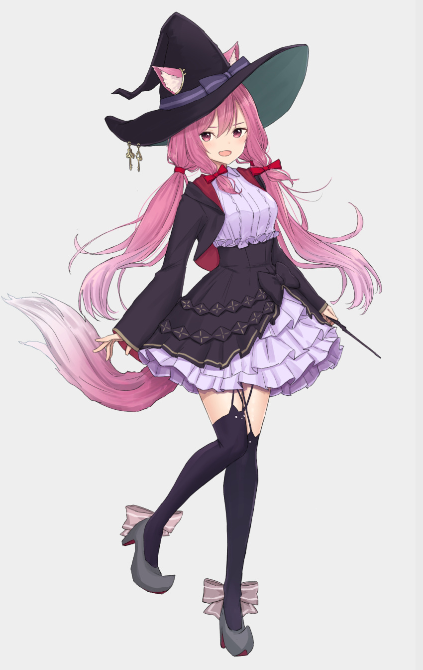 1girl animal_ear_fluff animal_ears black_headwear black_thighhighs breasts cat_ears cat_girl cat_tail dress ears_through_headwear frilled_dress frills full_body hair_ribbon hat highres holding holding_wand indie_virtual_youtuber key long_hair long_sleeves looking_at_viewer medium_breasts meika_ruka open_mouth pink_eyes pink_hair ribbon smile standing standing_on_one_leg striped striped_ribbon tail thigh-highs twintails very_long_hair virtual_youtuber wand wide_sleeves witch_hat zuima