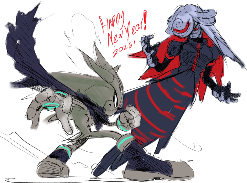 1boy 1girl aged_up alternate_design animal_ears animal_nose battle black_dress body_fur boots bracelet cape commentary digital_dissolve dress english_commentary furry furry_male glitch gloves gold_bracelet grey_fur hair_over_one_eye hedgehog_boy highres jewelry kornart long_sleeves multicolored_hair red_eyes sage_(sonic) short_tail silver_the_hedgehog sonic_(series) sonic_frontiers sonic_the_hedgehog_(2006) tail white_fur white_gloves white_hair wide_sleeves yellow_eyes