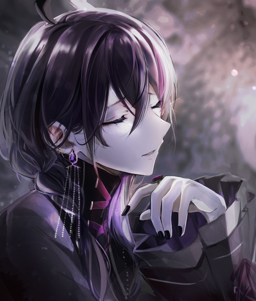 1boy ahoge ayase_mayoi black_jacket black_nails braid earrings ensemble_stars! facing_to_the_side gothic_lolita highres jacket jewelry lolita_fashion long_hair long_sleeves male_focus open_mouth parted_lips podo_mayo purple_hair ring solo