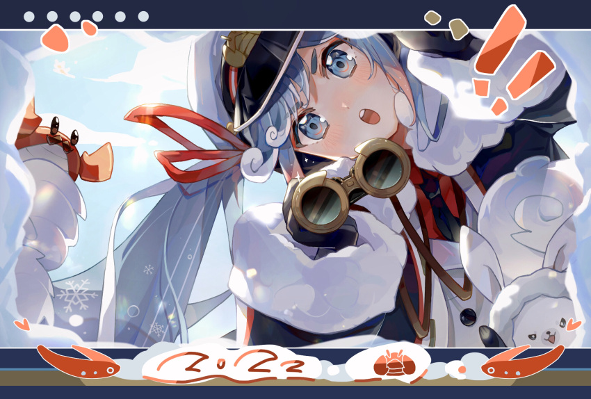 ! !! 1girl 2022 :o animal binoculars black_coat black_eyes black_gloves black_necktie blue_eyes blue_hair chinese_commentary clouds coat commentary crab day eyewear_around_neck fur-trimmed_coat fur-trimmed_hood fur_trim gloves hat hatsune_miku heart highres holding holding_binoculars hood jacket leaning_to_the_side lens_flare letterboxed long_hair looking_at_viewer military military_uniform nanasun_(nnsn02777) naval_uniform necktie open_mouth outdoors outstretched_arm peaked_cap rabbit rabbit_yukine red_shirt shirt snow snowflake_print solo teeth twintails uniform upper_teeth_only v-shaped_eyes variant_set vocaloid wavy_hair white_hair white_headwear white_jacket yuki_miku yuki_miku_(2022)