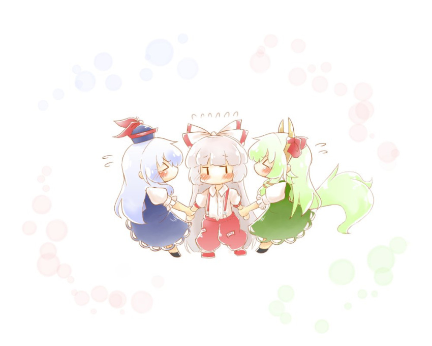 &gt;_&lt; 3girls baggy_pants black_footwear blue_dress blue_hair blue_headwear blush bow buttons chibi collared_shirt dress dual_persona frilled_sleeves frills from_side fujiwara_no_mokou full_body green_dress green_hair green_tail hair_bow headwear_request highres hime_cut holding_another's_arm horn_ornament horn_ribbon horns kamishirasawa_keine long_hair looking_at_another medium_dress multiple_girls no_mouth no_nose ofuda ofuda_on_clothes open_collar pants profile puffy_short_sleeves puffy_sleeves red_footwear red_pants red_ribbon ribbon shirt shoes short_sleeves sidelocks simple_background standing tail tears touhou tyamonabe very_long_hair white_background white_bow white_hair white_shirt yellow_horns |_|