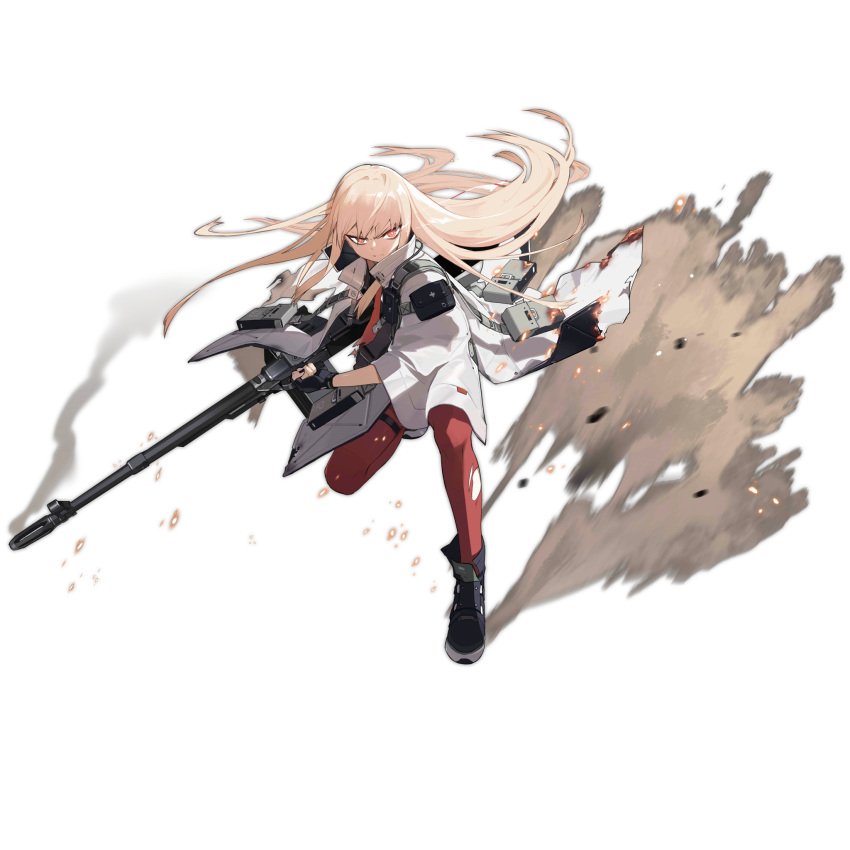 1girl angry bags_under_eyes black-framed_eyewear black_footwear black_gloves black_nails black_shirt blonde_hair burning_clothes closed_mouth embers fingerless_gloves fingernails floating_hair full_body girls_frontline glasses gloves gun highres holding holding_gun holding_weapon jacket jong_tu long_hair looking_at_viewer mod3_(girls'_frontline) necktie official_alternate_costume official_art open_clothes red_eyes red_necktie red_thighhighs round_eyewear shirt simple_background smoke solo standing standing_on_one_leg tactical_clothes thigh-highs thigh_strap torn_clothes torn_jacket torn_necktie torn_thighhighs transparent_background type_80 type_80_(girls'_frontline) v-shaped_eyebrows very_long_hair walkie-talkie weapon white_jacket