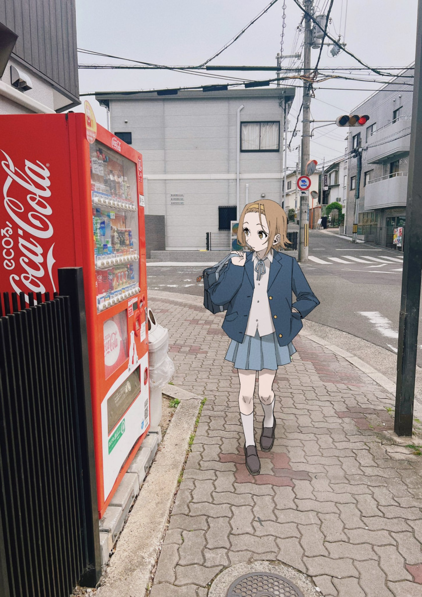 1girl bag blazer blue_jacket blue_ribbon blue_skirt brown_eyes brown_footwear brown_hair building chorohanage coca-cola collared_shirt commentary_request crosswalk full_body hairband highres holding holding_bag jacket k-on! kneehighs loafers looking_to_the_side manhole_cover neck_ribbon open_clothes open_jacket outdoors pleated_skirt power_lines ribbon road road_sign sakuragaoka_high_school_uniform school_bag school_uniform shirt shoes short_hair sidewalk sign skirt socks solo street tainaka_ritsu traffic_mirror trash_can utility_pole vending_machine walking white_shirt white_socks winter_uniform yellow_hairband