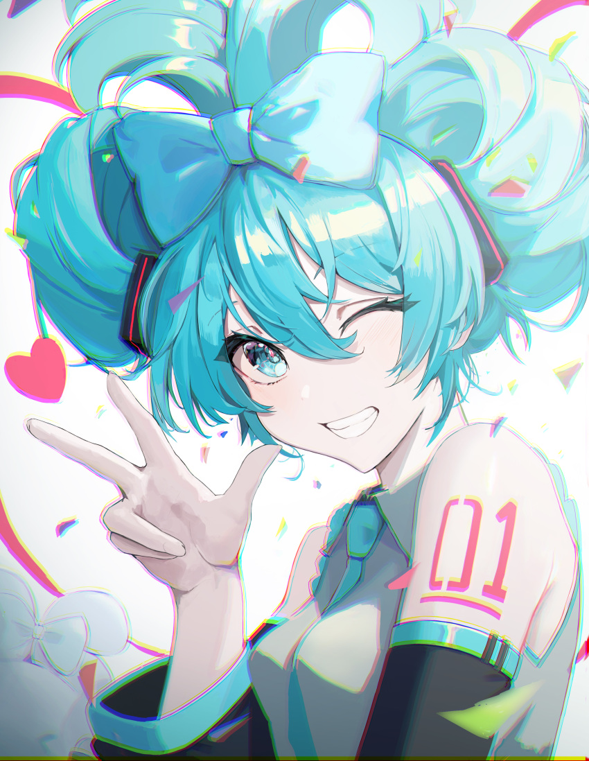 1girl absurdres aqua_eyes aqua_hair arm_tattoo bare_shoulders bow breasts chromatic_aberration cinnamiku collared_shirt confetti detached_sleeves grey_shirt grin hair_between_eyes hair_bow hand_up hatsune_miku heart highres looking_at_viewer multicolored_hair n8_(buse1601) necktie one_eye_closed sanrio shirt sleeveless sleeveless_shirt small_breasts smile streaked_hair tattoo upper_body vocaloid w