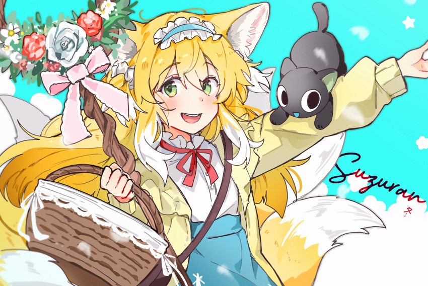 :d animal_ear_fluff animal_ears arknights bag basket black_cat blonde_hair blue_background blue_hairband blue_skirt blush bow brown_bag cardigan cat flower fox_ears fox_girl fox_tail frilled_hairband frills green_eyes hair_ornament hair_scrunchie hairband high-waist_skirt highres holding holding_basket kitsune kyuubi long_hair long_sleeves luoxiaohei multicolored_hair multiple_tails neck_ribbon official_alternate_costume open_cardigan open_clothes open_mouth outstretched_arms pink_bow puffy_long_sleeves puffy_sleeves red_ribbon ribbon scrunchie shirt shoulder_bag simple_background skirt sleeve_cuffs smile spread_arms staff star_(symbol) suzuran_(arknights) suzuran_(spring_praise)_(arknights) tail teeth the_legend_of_luo_xiaohei two-tone_hair upper_body upper_teeth_only wed_(lim38869577) white_hair white_shirt wreath yellow_cardigan