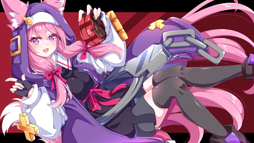 1girl androgyne_symbol animal_ear_fluff animal_ears aosaki_yuri black_thighhighs bow breasts bridget_(guilty_gear) bridget_(guilty_gear)_(cosplay) cat_ears cosplay cuffs ears_through_headwear fingerless_gloves gloves guilty_gear guilty_gear_strive habit hair_bow handcuffs highres hood hoodie indie_virtual_youtuber long_hair long_sleeves looking_at_viewer low_twintails medium_breasts meika_ruka open_clothes open_hoodie open_mouth pink_bow pink_hair pleated_skirt puffy_long_sleeves puffy_sleeves skirt smile solo thigh-highs twintails very_long_hair violet_eyes virtual_youtuber yo-yo