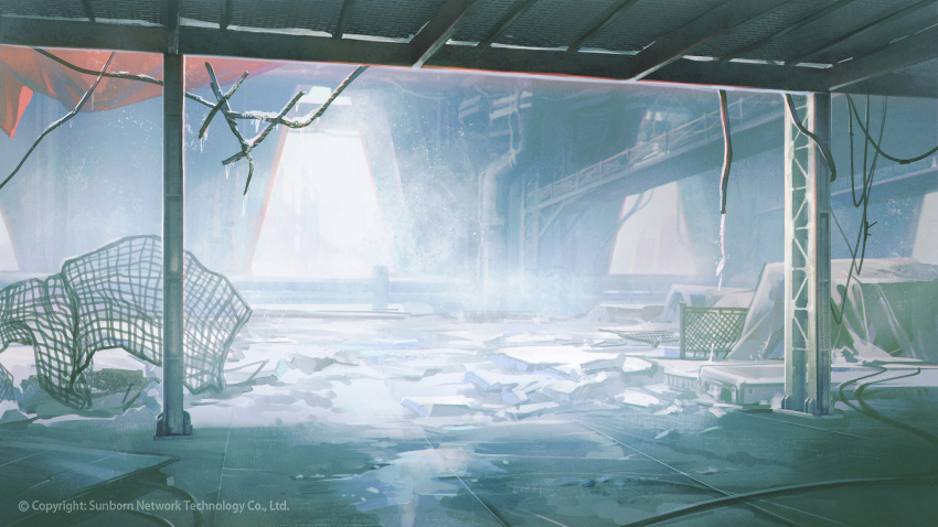abandoned broken broken_fence catwalk_(walkway) commentary company_name copyright english_commentary fence girls_frontline highres ice icicle indoors industrial_pipe no_humans nunok official_art platform rebar water wet_floor