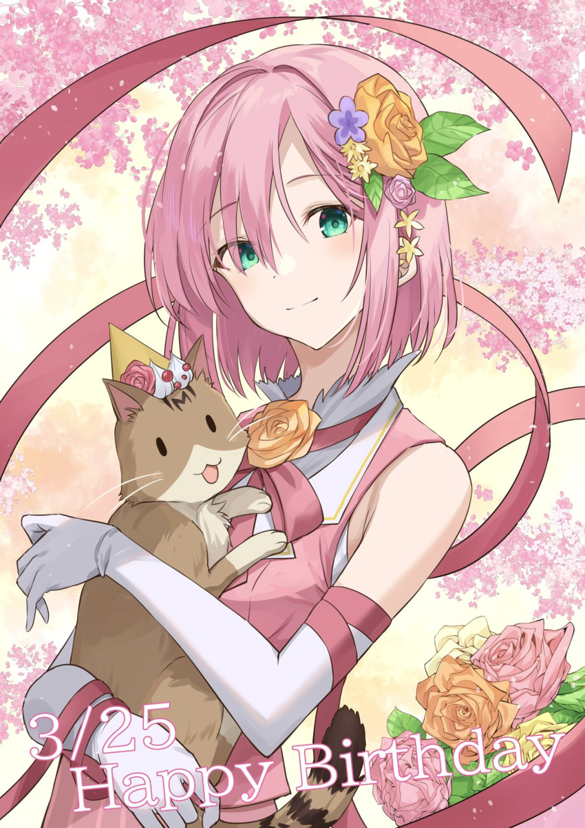 1girl :3 animal aqua_eyes bare_shoulders cat cherry_blossoms chiyoda_momo closed_mouth commentary_request cowboy_shot elbow_gloves eyelashes eyes_visible_through_hair floral_background flower gloves hair_between_eyes hair_flower hair_ornament hat head_tilt highres holding holding_animal kanaria_hisagi leaf_hair_ornament looking_at_viewer machikado_mazoku medium_hair open_mouth orange_flower orange_rose party_hat pink_flower pink_hair pink_ribbon pink_rose ribbon rose sidelocks smile solo straight_hair white_gloves |_|