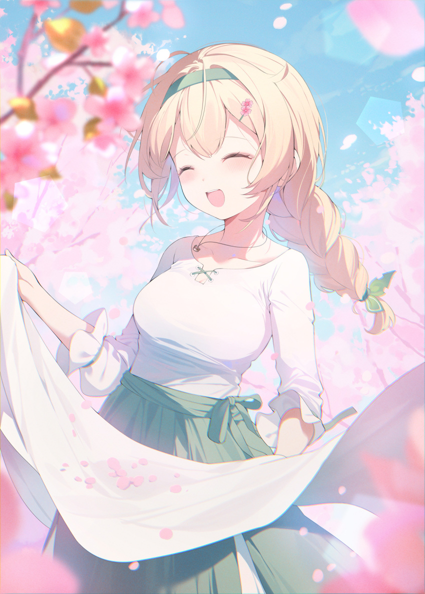 1girl blonde_hair blue_sky blush braid cherry_blossoms commentary day flower hair_flower hair_ornament hairband hana_mori highres hololive kazama_iroha open_mouth outdoors pink_flower sidelocks single_braid sky solo symbol-only_commentary teeth upper_teeth_only virtual_youtuber