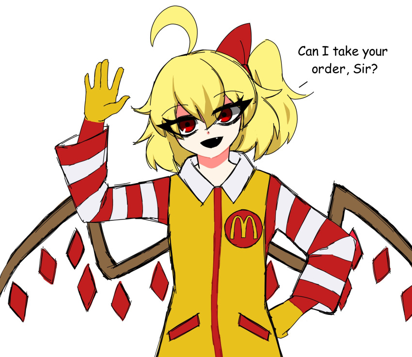 1girl ahoge blonde_hair cosplay embodiment_of_scarlet_devil english_text fang flandre_scarlet gloves hand_on_own_hip highres mcdonald's open_mouth red_eyes ribbon ronald_mcdonald ronald_mcdonald_(cosplay) sakamuotoo short_hair side_ponytail simple_background smile solo striped striped_sleeves touhou upper_body waving white_background wings