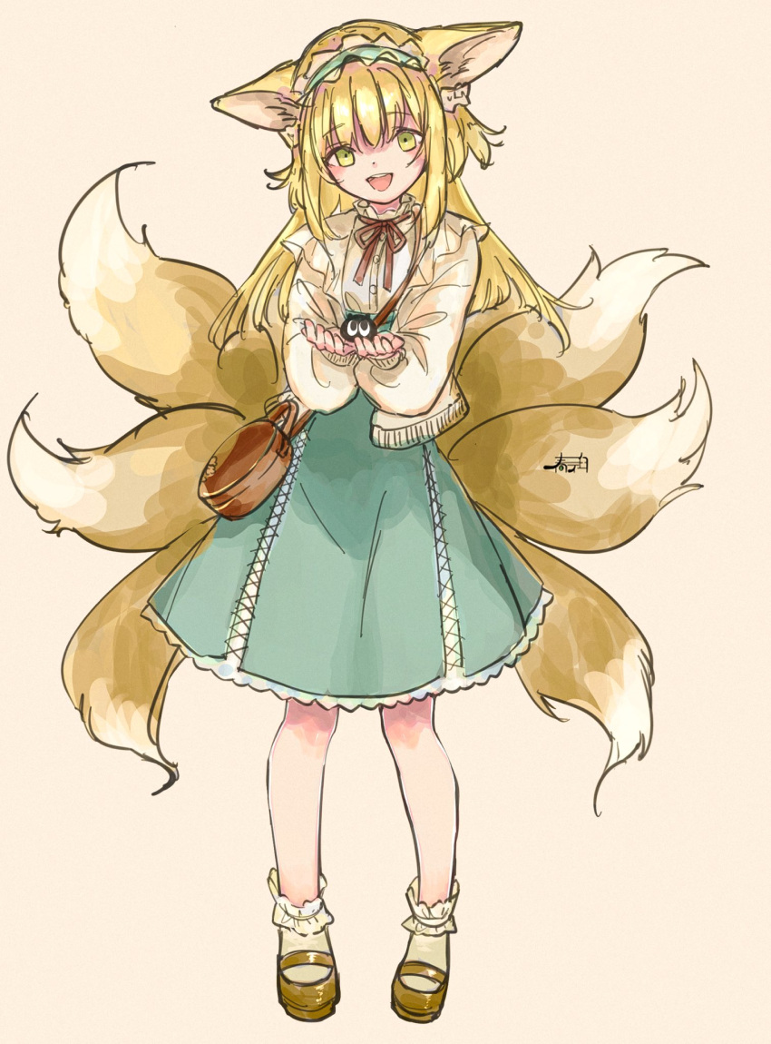 1girl animal_ears ankle_socks arknights bag black_cat blonde_hair blue_hairband blue_skirt bobby_socks brown_bag brown_footwear cardigan cat commentary_request creature fox_ears fox_girl fox_tail frilled_hairband frills green_eyes hair_ornament hair_scrunchie hairband handbag harukan_tiusu heixiu high-waist_skirt highres holding holding_creature kitsune kyuubi long_hair long_sleeves mary_janes multiple_tails neck_ribbon official_alternate_costume open_cardigan open_clothes open_mouth puffy_long_sleeves puffy_sleeves red_ribbon ribbon scrunchie shirt shoes shoulder_bag simple_background skirt sleeve_cuffs socks solo stitches suzuran_(arknights) suzuran_(spring_praise)_(arknights) tail teeth the_legend_of_luo_xiaohei upper_teeth_only white_cardigan white_shirt white_socks
