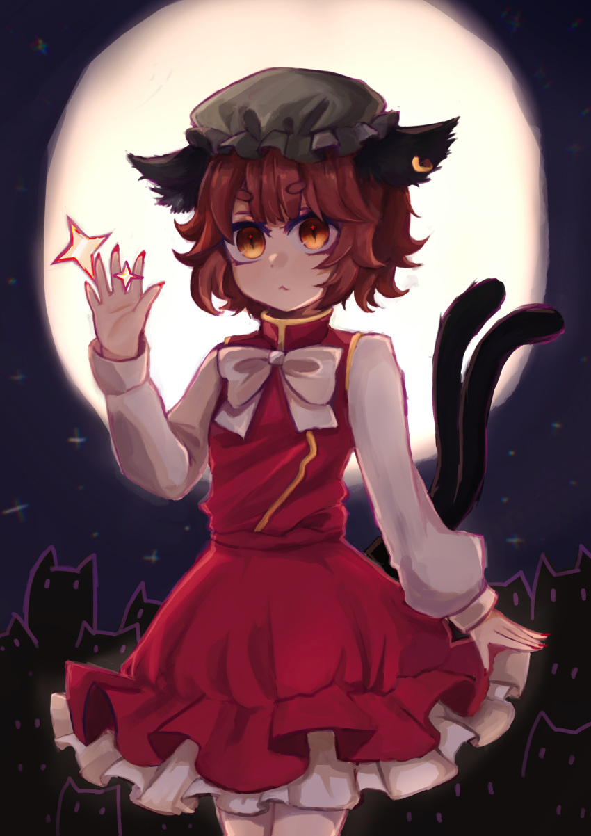 1girl :&lt; absurdres animal_ears backlighting bow bowtie brown_hair cat_ears cat_tail chen chromatic_aberration earrings flat_chest full_moon gold_trim hand_up hat highres jewelry long_sleeves mob_cap moon moonlight multiple_tails nail_polish nekomata night red_nails sky slit_pupils solo tail touhou two_tails v-shaped_eyebrows white_bow white_bowtie yig_(517995842)