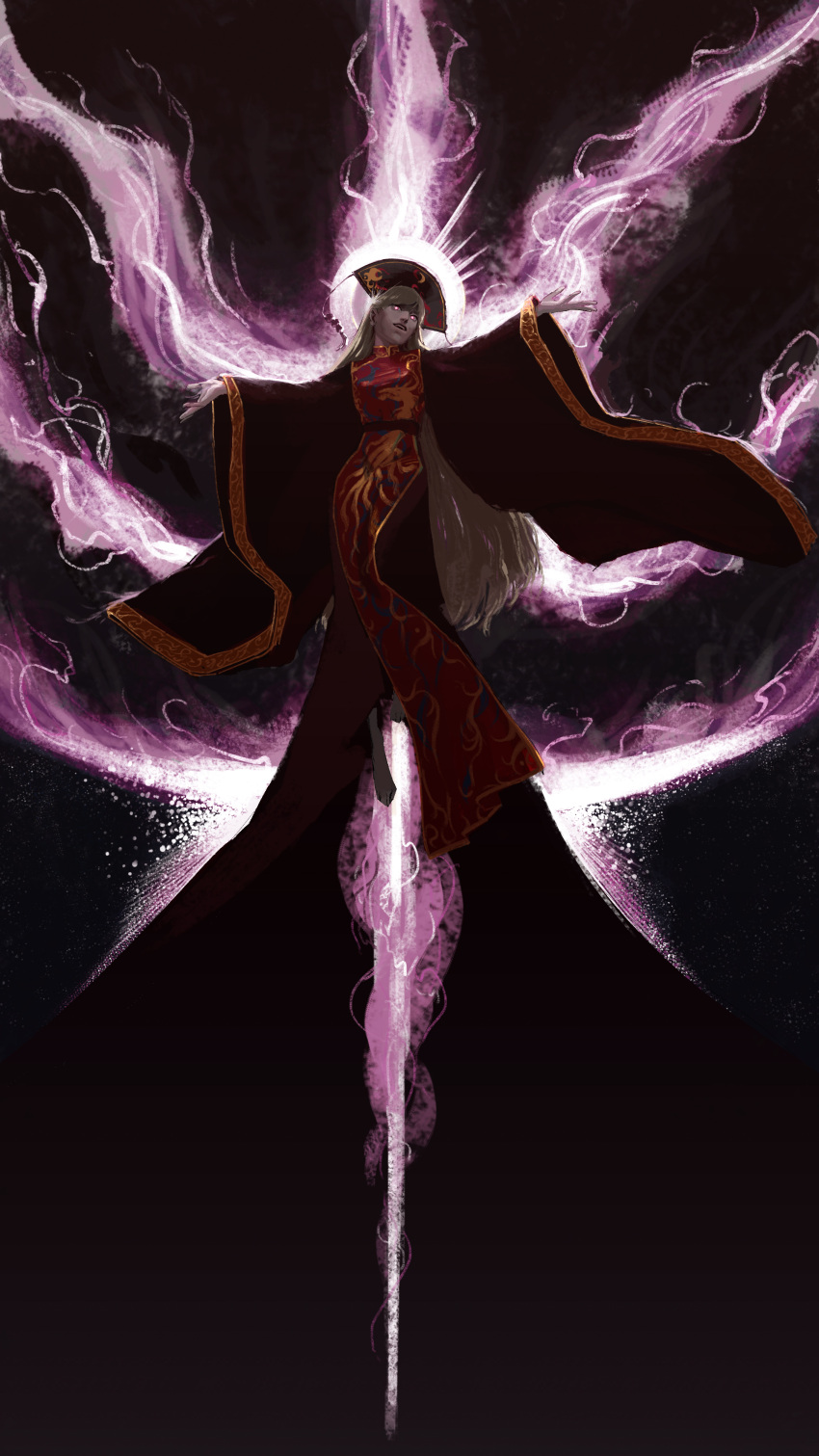 1girl absurdres aura barefoot blonde_hair bright_pupils brown_dress commentary_request dress embroidered_dress embroidery fire flying full_body highres junko_(touhou) long_hair long_sleeves looking_at_viewer medium_bangs open_mouth outstretched_arms phoenix_crown purple_fire red_tabard sendai_(nazonomono) smile solo tabard touhou very_long_hair white_pupils wide_sleeves