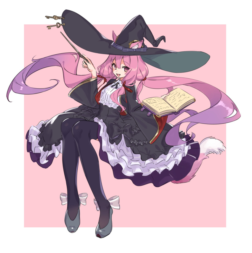 1girl 4410_(kanimiso) animal_ear_fluff animal_ears black_dress black_headwear black_thighhighs book cat_ears cat_girl cat_tail dress ears_through_headwear gradient_hair hair_ribbon hat highres holding holding_book holding_wand indie_virtual_youtuber key long_hair long_sleeves looking_at_viewer meika_ruka multicolored_hair open_book open_mouth pink_eyes pink_hair purple_hair ribbon sitting smile striped striped_ribbon tail thigh-highs twintails very_long_hair virtual_youtuber wand wide_sleeves witch_hat