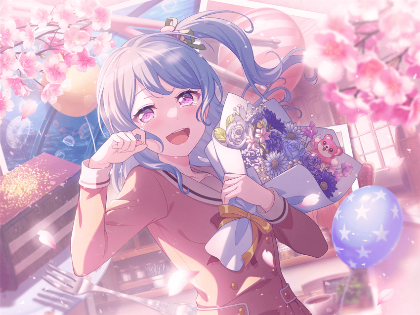 balloon bang_dream! blue_hair blush crying flower fork long_hair matsubara_kanon official_art school_uniform smile violet_eyes