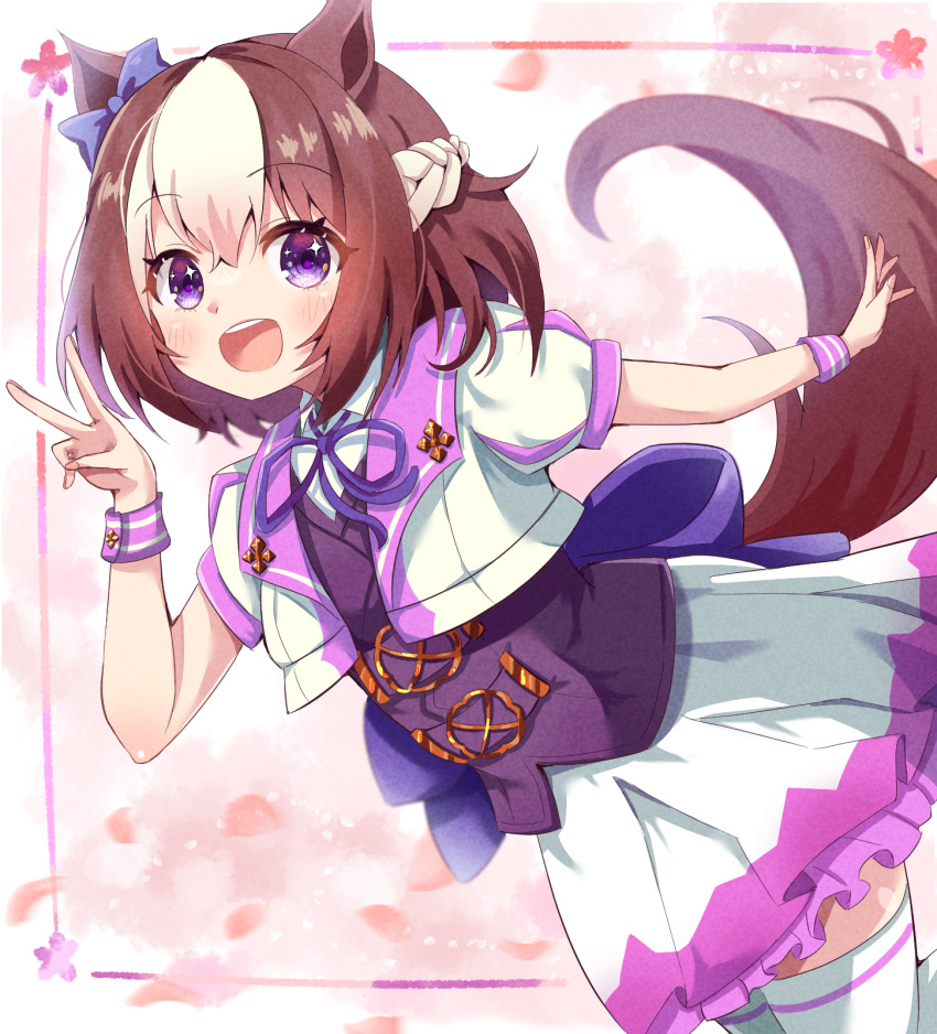 1girl animal_ears back_bow blush bow braid brown_hair cowboy_shot ear_bow french_braid frilled_skirt frills hair_between_eyes highres horse_ears horse_girl horse_tail looking_at_viewer mikumiku37 open_mouth puffy_short_sleeves puffy_sleeves purple_bow short_hair short_sleeves skirt smile solo sparkle special_week_(umamusume) tail teeth thigh-highs umamusume upper_teeth_only v white_skirt white_thighhighs wrist_cuffs