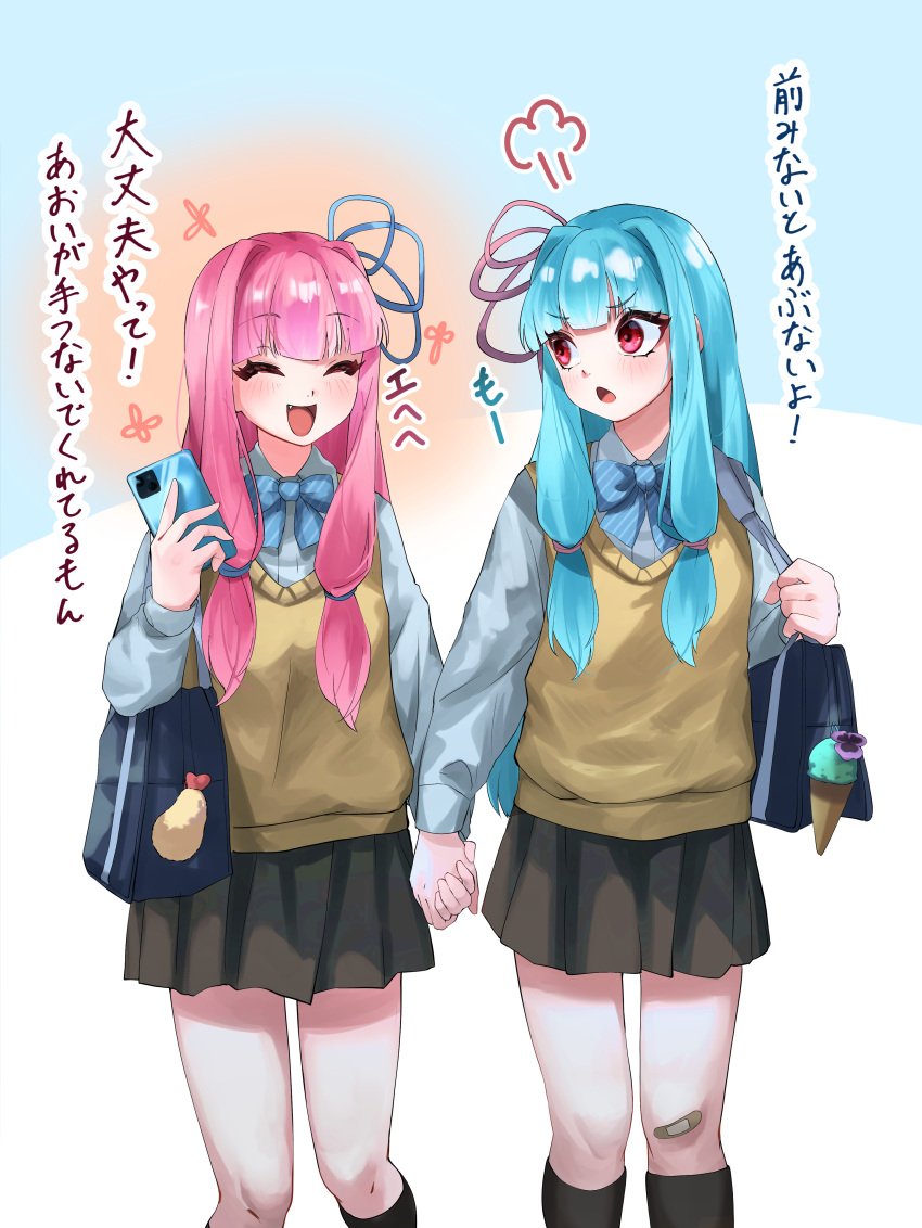 2girls =3 absurdres alternate_costume bag bag_charm bandaid bandaid_on_knee bandaid_on_leg black_skirt black_socks blue_bow blue_bowtie blue_hair blunt_bangs blush bow bowtie cardigan cellphone charm_(object) check_commentary chestnut_mouth closed_eyes collared_shirt commentary_request diagonal-striped_bowtie fang feet_out_of_frame flower_(symbol) hand_up highres holding holding_hands holding_phone holding_strap kneehighs kotonoha_akane kotonoha_aoi long_sleeves looking_at_another looking_to_the_side matching_outfit multiple_girls open_mouth phone pink_hair pleated_skirt red_eyes school_bag school_uniform scolding shirt shoulder_strap siblings sidelocks sireia_round sisters skirt smartphone smile socks translated v-shaped_eyebrows voiceroid white_shirt yellow_cardigan