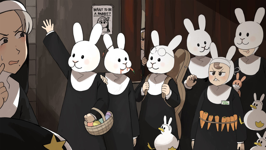 6+girls animal_ears basket bird blonde_hair carrot catholic chicken chili_pepper clumsy_nun_(diva) commentary curtains diva_(hyxpk) duck easter easter_egg egg english_commentary eyewear_on_head froggy_nun_(diva) glasses glasses_nun_(diva) grey_hair grumpy_nun_(diva) habit highres hungry_nun_(diva) instrument_case jumping little_nuns_(diva) mask mole mole_under_mouth multiple_girls nun poster_(object) rabbit_ears rabbit_mask round_eyewear sheep_nun_(diva) smug_nun_(diva) spicy_nun_(diva) star_nun_(diva) star_ornament stuffed_animal stuffed_rabbit stuffed_toy tongue tongue_out traditional_nun