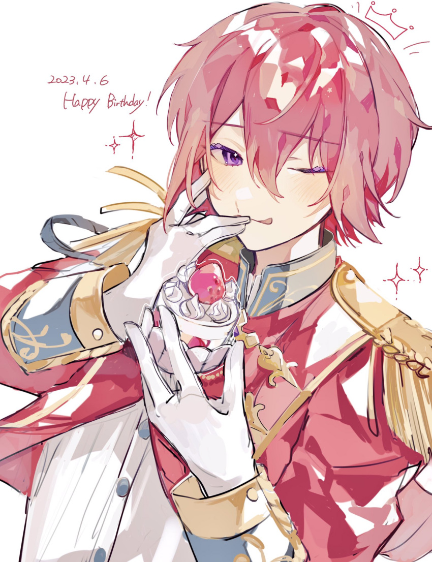 1boy 2023 blush cupcake daifugo_happy dated drawn_crown ensemble_stars! epaulettes food formal gloves happy_birthday highres holding holding_food idol_clothes jacket male_focus red_jacket redhead shirt short_hair solo sparkle suou_tsukasa tongue tongue_out violet_eyes white_gloves white_shirt