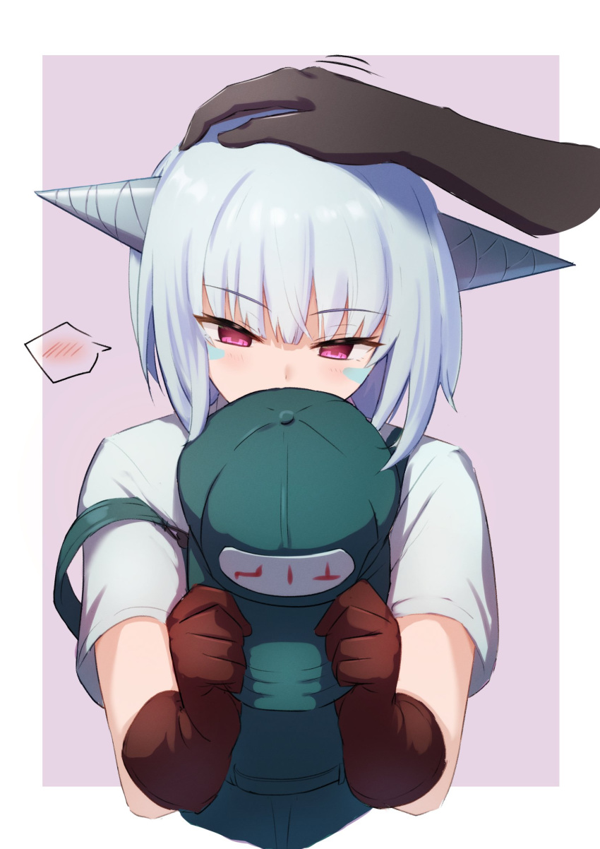1girl 1other afrody123 blue_hair blush brown_gloves collared_shirt covered_mouth disembodied_limb drill facial_mark gloves green_headwear green_overalls guardian_tales hat headpat highres holding holding_clothes holding_hat looking_down mechanic mk.33_(guardian_tales) overalls robot_ears shirt short_hair short_sleeves simple_background solo_focus upper_body violet_eyes
