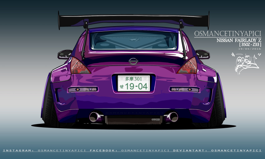 artist_name car dated deviantart_username english_commentary facebook_username from_behind gradient_background highres instagram_username license_plate making-of_available motor_vehicle nissan nissan_350z nissan_fairlady_z no_humans original osy_graphics signature spoiler_(automobile) stance_(vehicle) vehicle_focus vehicle_name