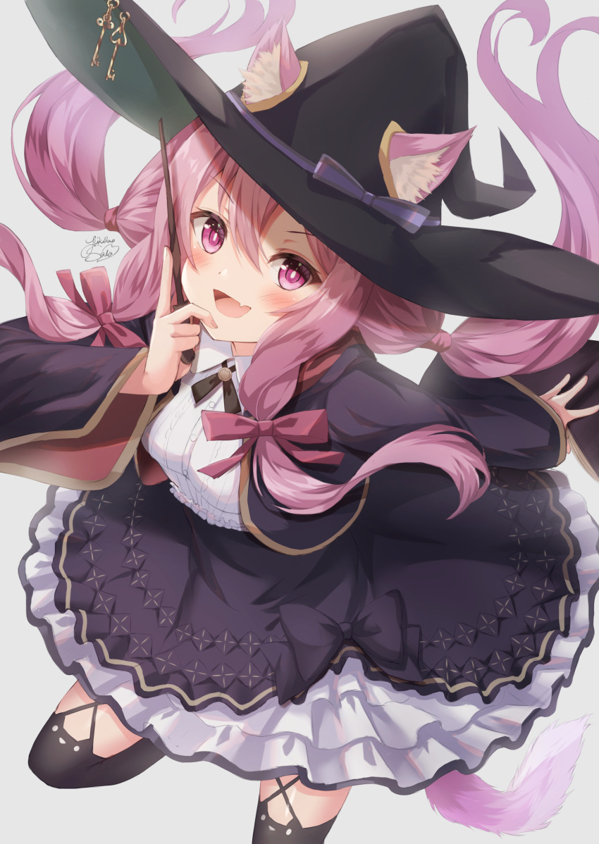 1girl absurdres animal_ear_fluff animal_ears black_dress cat_ears cat_girl cat_tail censored dress ears_through_headwear hair_ribbon hat highres holding holding_wand indie_virtual_youtuber key long_hair long_sleeves looking_at_viewer meika_ruka mosaic_censoring open_mouth pink_hair ribbon smile striped striped_ribbon tail twintails virtual_youtuber wand wide_sleeves witch_hat yukikawa_sara