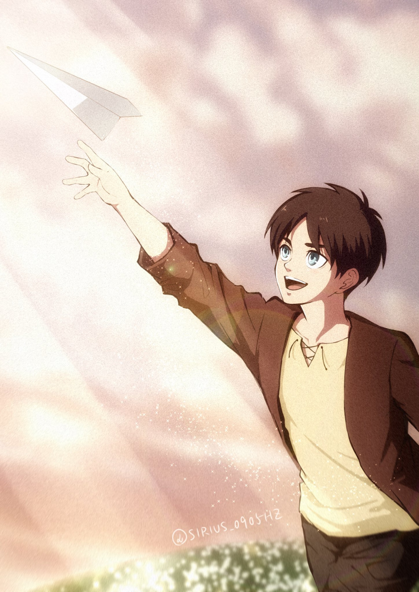1boy blue_eyes brown_hair brown_jacket commentary_request eren_yeager field flower flower_field highres jacket lens_flare male_focus open_mouth paper_airplane shingeki_no_kyojin sirius_0905hz smile solo sunlight throwing twitter_username