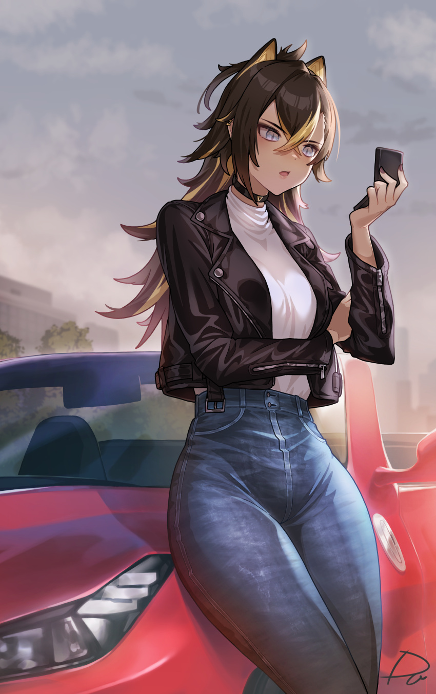 1girl absurdres black_choker black_hair black_jacket black_nails blonde_hair blue_eyes breasts car choker clouds cloudy_sky convertible crossed_bangs dark-skinned_female dark_skin dehya_(genshin_impact) denim ear_piercing genshin_impact hair_between_eyes hair_ears hair_intakes hand_on_own_arm highres holding jacket jeans large_breasts leather leather_jacket long_hair looking_at_object motor_vehicle multicolored_hair nail_polish open_mouth outdoors pants piercing radjeong shirt shirt_tucked_in signature sitting_on_car sky solo streaked_hair tight tight_pants turtleneck two-tone_hair white_shirt