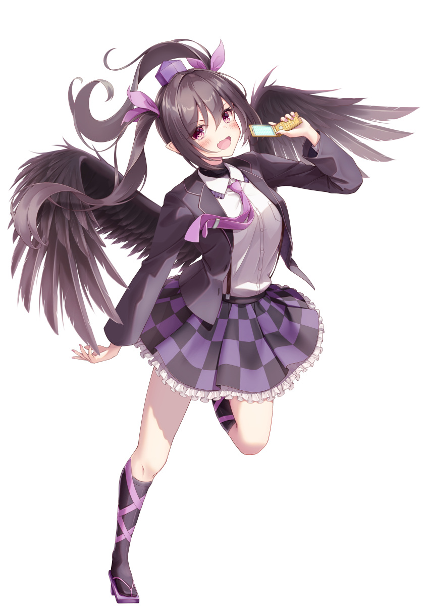 1girl absurdres bird_wings black_feathers black_jacket black_skirt black_socks black_wings blazer blush brown_hair cellphone checkered_clothes checkered_skirt collared_shirt fang feathered_wings feathers frilled_skirt frills full_body geta hair_between_eyes hat highres himekaidou_hatate holding holding_phone jacket kneehighs long_hair long_sleeves messiah_&amp;_crea necktie open_clothes open_jacket open_mouth phone purple_footwear purple_headwear purple_necktie purple_skirt shirt simple_background skin_fang skirt smile socks solo tokin_hat touhou twintails violet_eyes white_background white_shirt wings