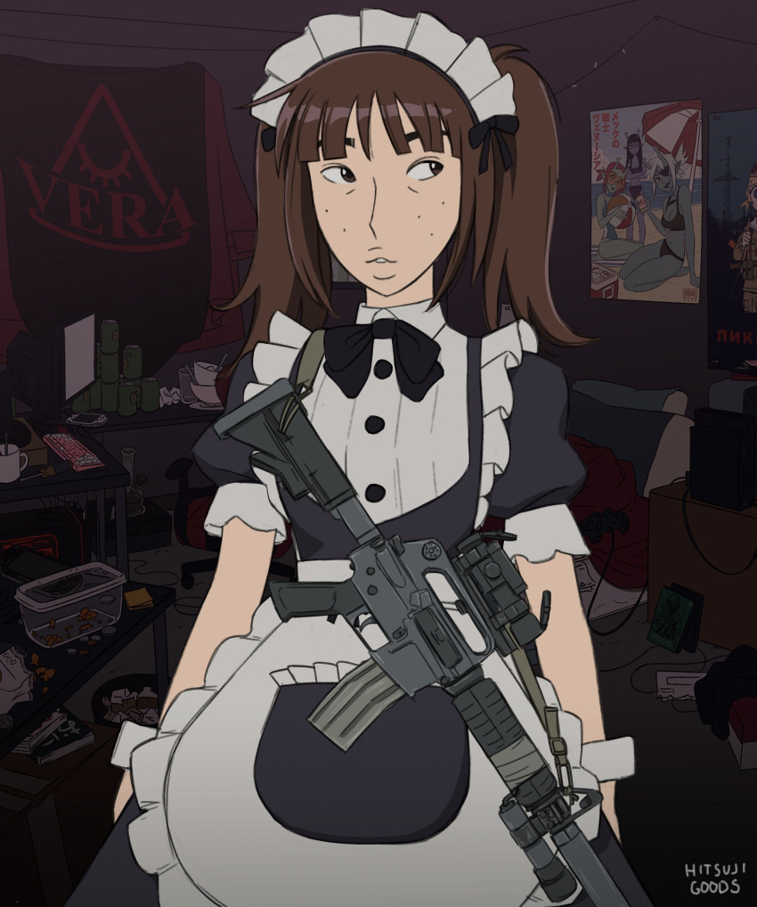 1girl absurdres acog alternate_costume artist_name assault_rifle black_eyes brown_hair commentary english_commentary enmaided eyebrows_hidden_by_hair flashlight freckles gun highres hitsuji_(hitsujigoods) kara_eklund looking_to_the_side m4_carbine maid maid_headdress neet_girl_date_night poster_(object) puffy_short_sleeves puffy_sleeves rifle scope short_sleeves signature sling solo suppressor table twintails weapon wrist_cuffs