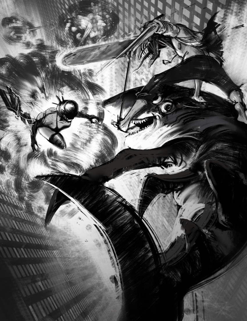 1girl 2boys absurdres barefoot beam_(chainsaw_man) black_gloves black_thighhighs bomb_devil_(chainsaw_man) chainsaw chainsaw_man denji_(chainsaw_man) elbow_gloves explosion extra_eyes facing_another gloves greyscale highres kntrkmd0224 looking_at_another midair monochrome multiple_boys open_mouth reze_(chainsaw_man) shark sharp_teeth shirt teeth thigh-highs tongue tongue_out torn_clothes white_shirt