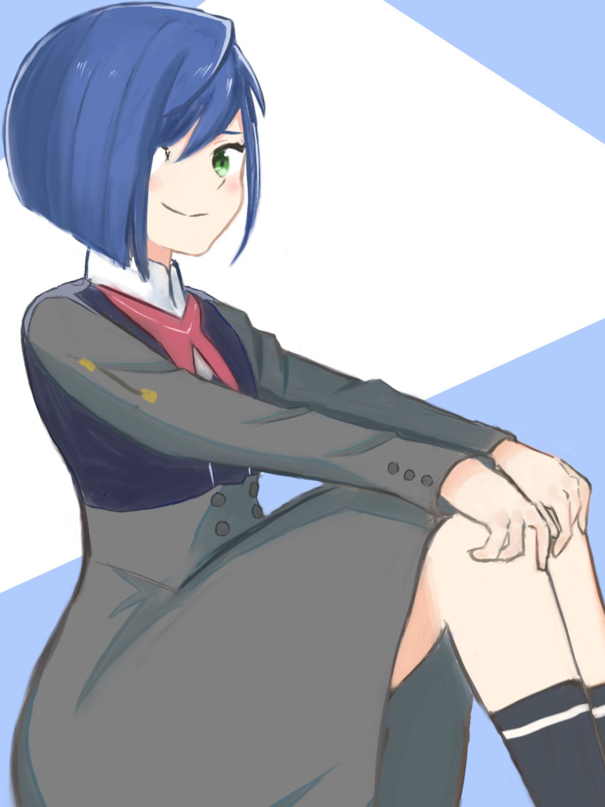 1girl asymmetrical_bangs black_socks blue_background blue_hair blush bob_cut closed_mouth commentary darling_in_the_franxx feet_out_of_frame food fruit green_eyes grey_jacket grey_skirt hair_over_one_eye hands_on_own_knees highres ichigo_(darling_in_the_franxx) jacket knees_up long_sleeves looking_at_viewer looking_to_the_side military military_uniform necktie red_necktie short_hair sitting skirt smile socks solo strawberry uniform white_background yoichomaru