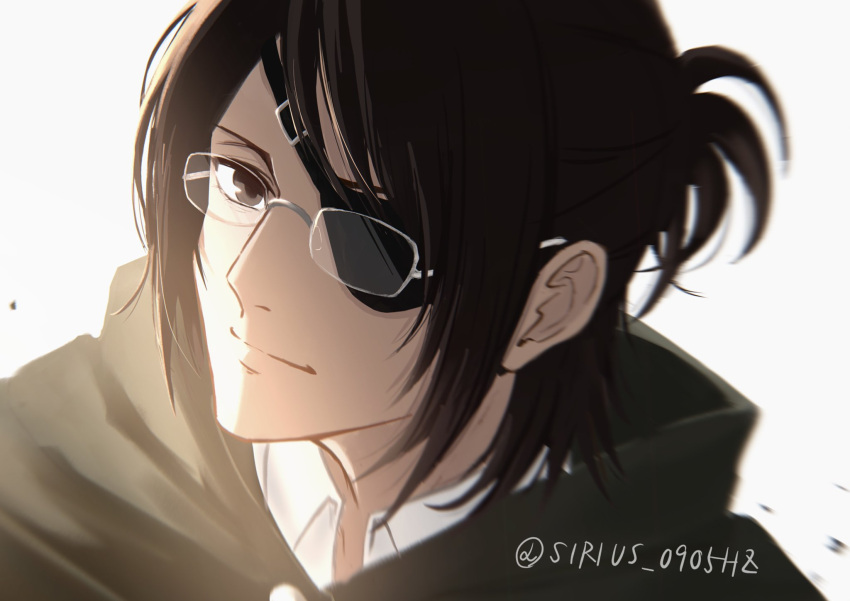 1other black_eyes black_hair cloak commentary_request eyepatch glasses green_cloak hange_zoe highres light paradis_military_uniform portrait shingeki_no_kyojin short_ponytail sirius_0905hz smile solo twitter_username