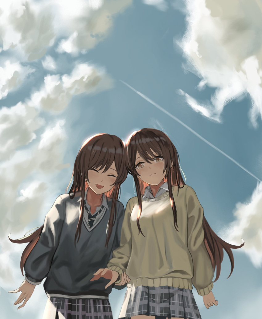 2girls absurdres blue_necktie blue_sky blush brown_hair closed_mouth contrail day grey_skirt grey_sweater highres holding_another's_arm idolmaster idolmaster_shiny_colors jovhodelp long_hair long_sleeves looking_at_viewer multiple_girls necktie open_mouth osaki_amana osaki_tenka plaid plaid_skirt pleated_skirt school_uniform shirt siblings sisters skirt sky smile striped_necktie sweater swept_bangs twins white_shirt yellow_eyes yellow_sweater