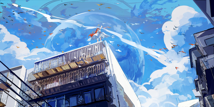 1girl apartment arm_up axleaki balcony bird blue_sky building clouds day dress halo highres long_hair looking_ahead orange_hair orb original outdoors power_lines railing scenery sky solo standing white_dress