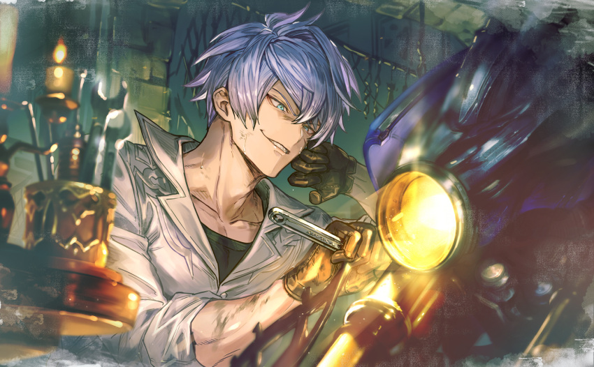 1boy black_gloves blue_eyes gloves granblue_fantasy ground_vehicle holding holding_wrench jumpsuit male_focus mechanic minaba_hideo motor_vehicle motorcycle official_art repairing sharp_teeth sho_(granblue_fantasy) short_hair smile solo sweat teeth tools white_hair white_jumpsuit wrench
