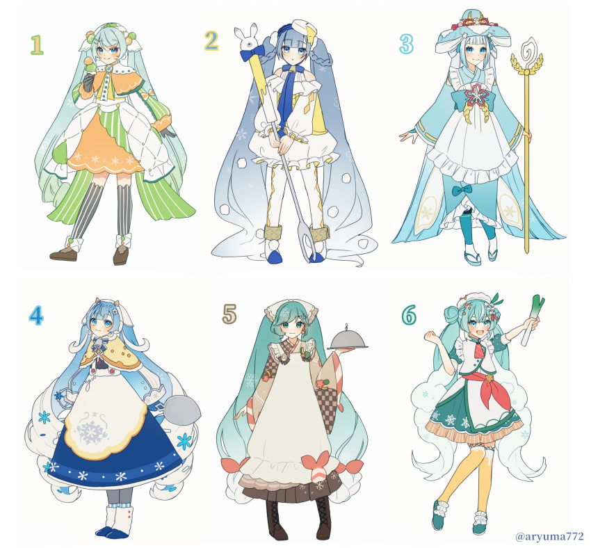 6+girls :3 :d absurdres apron aqua_bow aqua_eyes aqua_footwear aqua_hair aqua_kimono aqua_ribbon aqua_skirt aqua_sleeves argyle_pantyhose aryuma772 bare_shoulders bell bell_pepper black_footwear black_gloves black_thighhighs blue_bow blue_bowtie blue_eyes blue_footwear blue_hair blue_mittens blue_ribbon blue_shirt blue_skirt blunt_bangs boots border borrowed_design bow bowtie braid brown_kimono capelet checkered_sleeves cheese cheese_wheel coattails commentary cowbell crab_hair_ornament cross-laced_footwear detached_sleeves double_bun double_scoop drill_hair earrings egg_(food) eighth_note fake_horns fondue food food-themed_hair_ornament food_on_face food_print fork fork_hair_ornament frilled_apron frilled_shirt frilled_skirt frills fruit full_body fur-trimmed_capelet fur-trimmed_footwear fur_trim gloves gold_trim gradient_hair green_pepper green_ribbon green_skirt hair_bow hair_bun hair_ornament hair_ribbon hair_rings hairclip hand_on_headwear hardboiled_egg hatsune_miku headdress highres holding holding_food holding_ice_cream holding_spoon holding_spring_onion holding_staff holding_tray holding_vegetable horns ice_cream ice_cream_cone ichimegasa ikura_(food) japanese_clothes jar jewelry kappougi kimono lace-up_boots large_hat layered_skirt light_blue_hair long_hair looking_at_viewer lotus_root low_twin_braids medal melon melting multicolored_hair multicolored_shirt multiple_girls multiple_persona musical_note musical_note_hair_ornament neck_bell neck_ribbon necktie off-shoulder_shirt off_shoulder open_mouth orange_capelet orange_hair orange_skirt orange_thighhighs outstretched_arm oversized_object pantyhose parted_lips pink_bow pink_necktie pink_ribbon polka_dot_sleeves pom_pom_(clothes) puffy_short_sleeves puffy_sleeves rabbit_yukine red_bow ribbon rice rice_(plant) rice_on_face rope sandals serving_dome shirt short_necktie short_sleeves shrimp sidelocks single_earring skirt smile snowflake_hair_ornament snowflake_ornament snowflake_print socks spoon spoon_hair_ornament spring_onion sprinkles squash staff star_(symbol) star_earrings star_print straight-on streaked_hair striped striped_kimono striped_skirt striped_thighhighs swiss_cheese thigh-highs tray twin_braids twin_drills twintails twitter_username two-tone_skirt vegetable vertical-striped_thighhighs vertical_stripes very_long_hair vocaloid waffle_cone wavy_hair white_apron white_border white_bow white_footwear white_hair white_headdress white_headwear white_pantyhose white_ribbon white_shirt white_socks wide_sleeves yellow_capelet yellow_ribbon yellow_skirt yuki_miku yuki_miku_(2024)