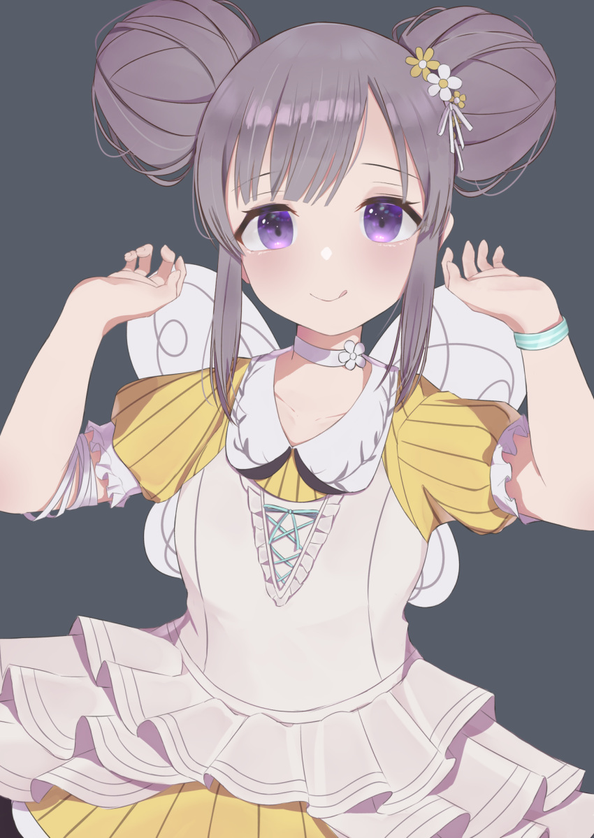 1girl bee_wings blush bow choker closed_mouth collarbone double_bun dress fake_wings flower grey_background grey_hair hair_bow hair_bun hair_flower hair_ornament hands_up highres idolmaster idolmaster_shiny_colors layered_dress long_hair looking_at_viewer short_sleeves sidelocks simple_background solo tongue tongue_out tsuchi_(sh_spica1) violet_eyes white_choker wings wristband yellow_dress yukoku_kiriko