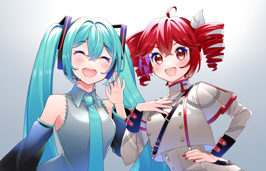 2girls :d ^_^ ahoge bare_shoulders blue_hair blue_necktie blush bow buttons closed_eyes collared_shirt crossed_bangs detached_sleeves double-breasted drill_hair epaulettes gradient_background grey_background grey_shirt grey_skirt hair_bow hand_on_own_chest hand_on_own_hip hand_up hatsune_miku headphones headset high-waist_skirt high_collar highres kasane_teto kasane_teto_(sv) long_hair long_sleeves masumofu multiple_girls nail_polish necktie open_mouth red_eyes red_nails red_trim redhead shirt short_hair shoulder_belt sidelocks skirt sleeve_cuffs sleeveless sleeveless_shirt smile striped synthesizer_v twin_drills twintails upper_body utau very_long_hair vocaloid white_background