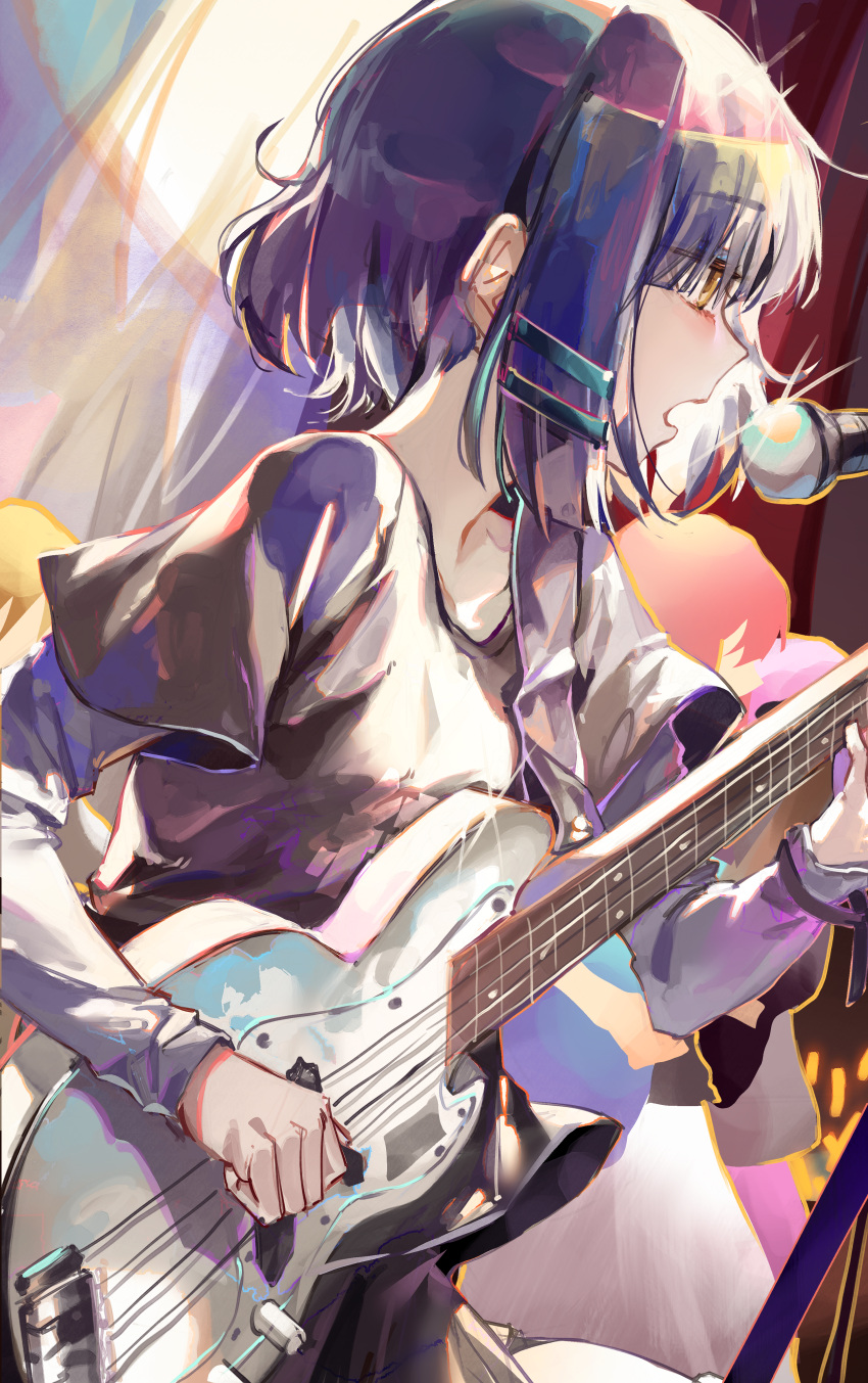 1girl absurdres bass_guitar bocchi_the_rock! cocoballking electric_guitar guitar hair_ornament hairclip highres instrument long_sleeves looking_away microphone music playing_instrument purple_hair short_hair singing solo_focus upper_body yamada_ryou yellow_eyes