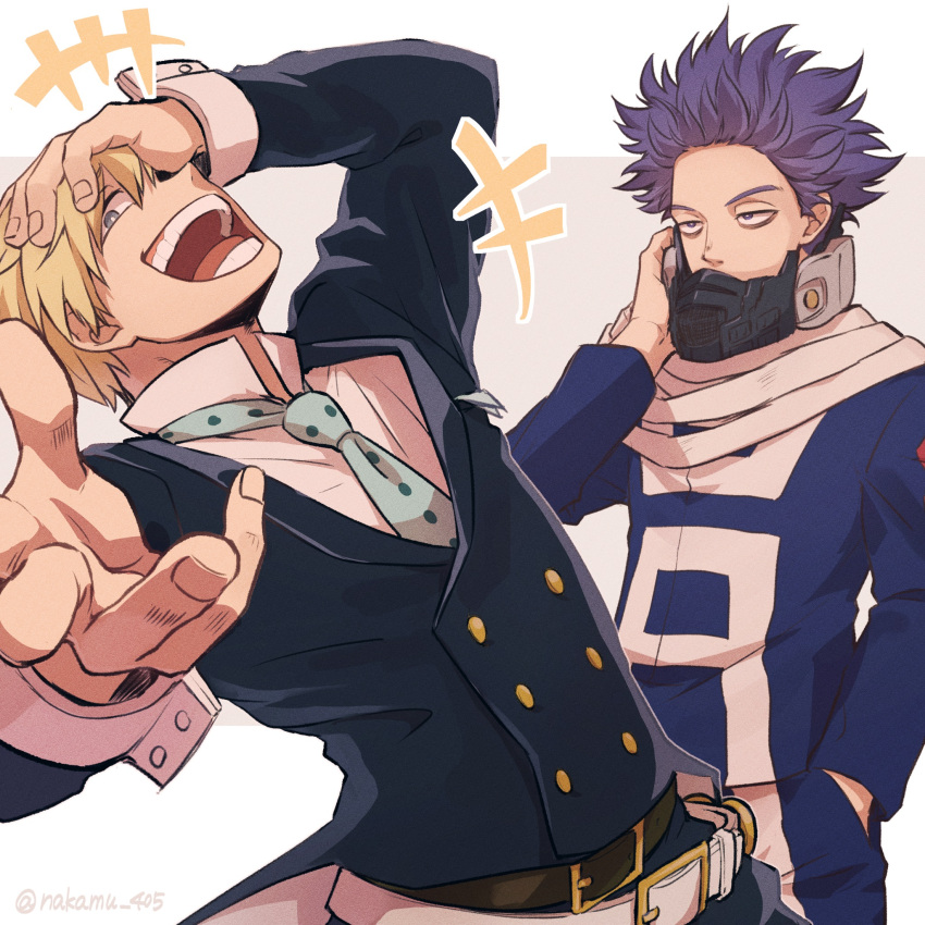 +++ 2boys bags_under_eyes belt belt_buckle black_pants blonde_hair blue_eyes boku_no_hero_academia breast_pocket bright_pupils brown_belt buckle buttons collared_shirt commentary_request double-breasted film_grain foreshortening grey_background hair_slicked_back hand_in_pocket hand_on_mask hand_on_own_head handkerchief happy head_back highres jacket jitome lapels laughing leaning_back letterboxed long_scarf long_sleeves looking_at_viewer male_focus mask messy_hair monoma_neito mouth_mask multiple_belts multiple_boys nakamu_405 open_mouth outside_border outstretched_arm pants partial_commentary pixiv_username pocket polka_dot_necktie popped_collar profile purple_hair sanpaku scarf shinsou_hitoshi shirt short_hair shout_lines sleeve_cuffs smile tailcoat track_jacket track_pants track_suit twitter_username two-sided_fabric two-sided_tailcoat two-tone_necktie u.a._gym_uniform unamused upper_body violet_eyes white_belt white_pupils white_scarf white_shirt