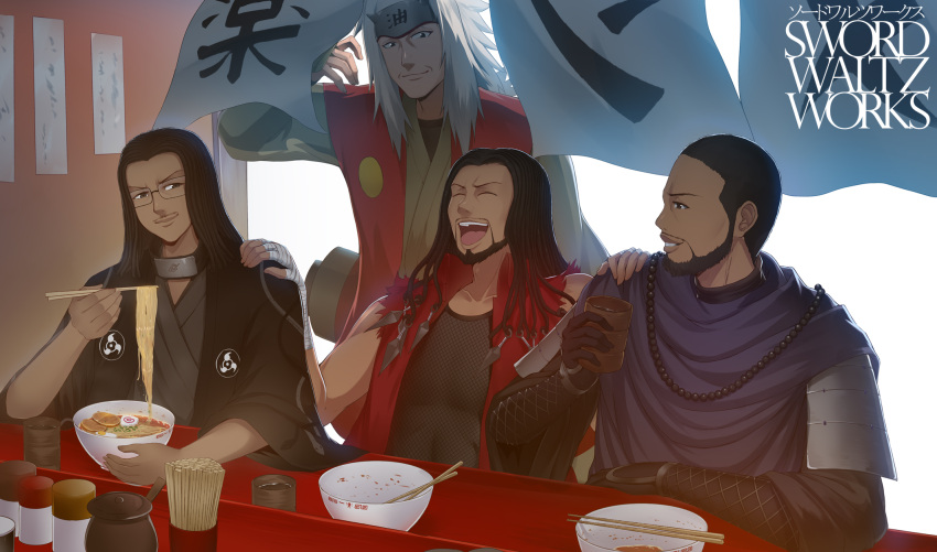 4boys black_hair bowl chopsticks cup drink eating egg egg_(food) facial_mark food forehead_protector hardboiled_egg highres holding holding_bowl holding_chopsticks japanese_clothes jiraiya_(naruto) kamaboko konohagakure_symbol laughing long_hair meat multiple_boys naruto naruto_(series) naruto_shippuuden narutomaki ninja ninja_(final_fantasy) ninja_(ragnarok_online) noodles open_mouth original pork ramen restaurant scroll_tube short_hair soup spiky_hair swordwaltz white_hair